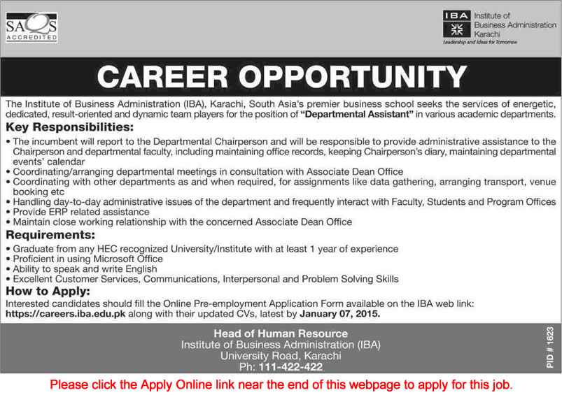 IBA Karachi Jobs 2014 December Apply Online Application Form for Departmental Assistants