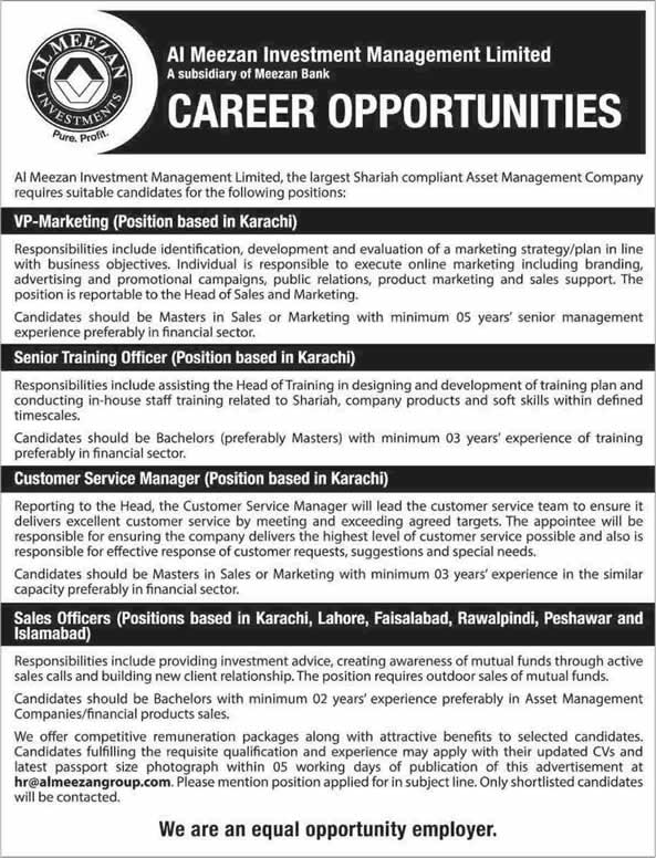 Al Meezan Investment Management Jobs 2015 / 2014 December for Sales Officer & Other Positions