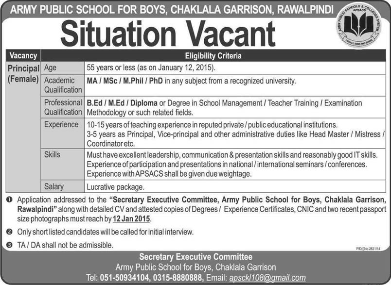 Army Public School Chaklala Garrison Rawalpindi Jobs 2015 January for Principal Latest