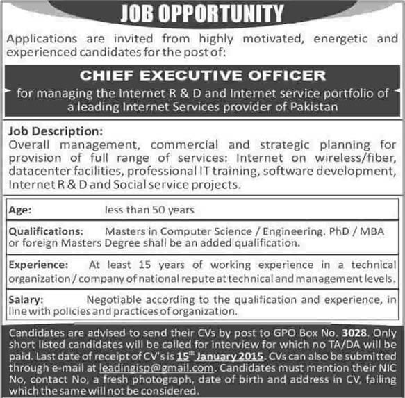 Chief Executive Officer Jobs in Pakistan 2015 Internet Service Provider Company