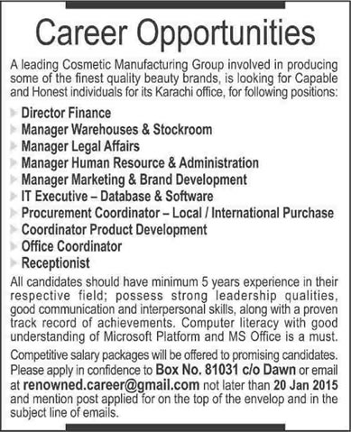 Accounting, HR, Admin & Marketing Jobs in Karachi 2015 in Cosmetics Manufacturing Group