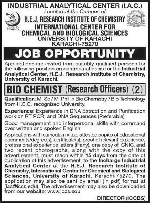 Industrial Analytical Center ICCBS University of Karachi Jobs 2015 for Biochemist Research Officers