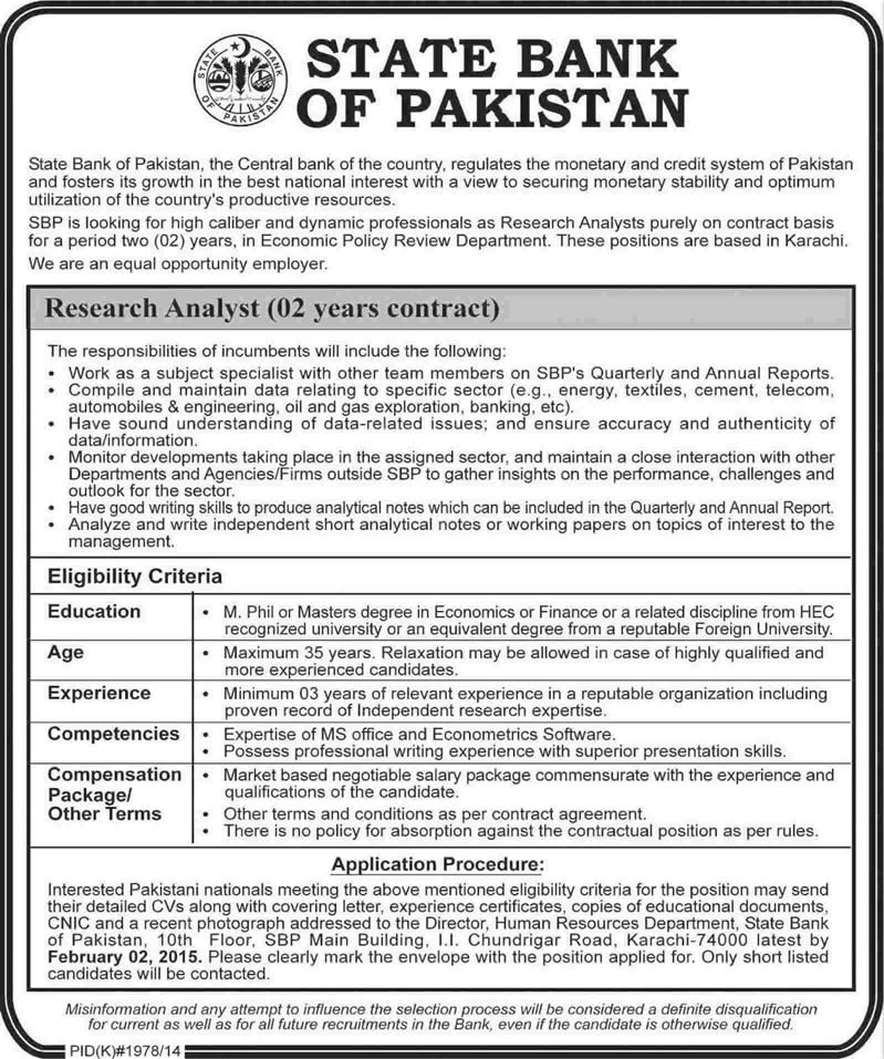 State Bank of Pakistan Jobs 2015 Research Analyst in Economic Policy Review Department Latest