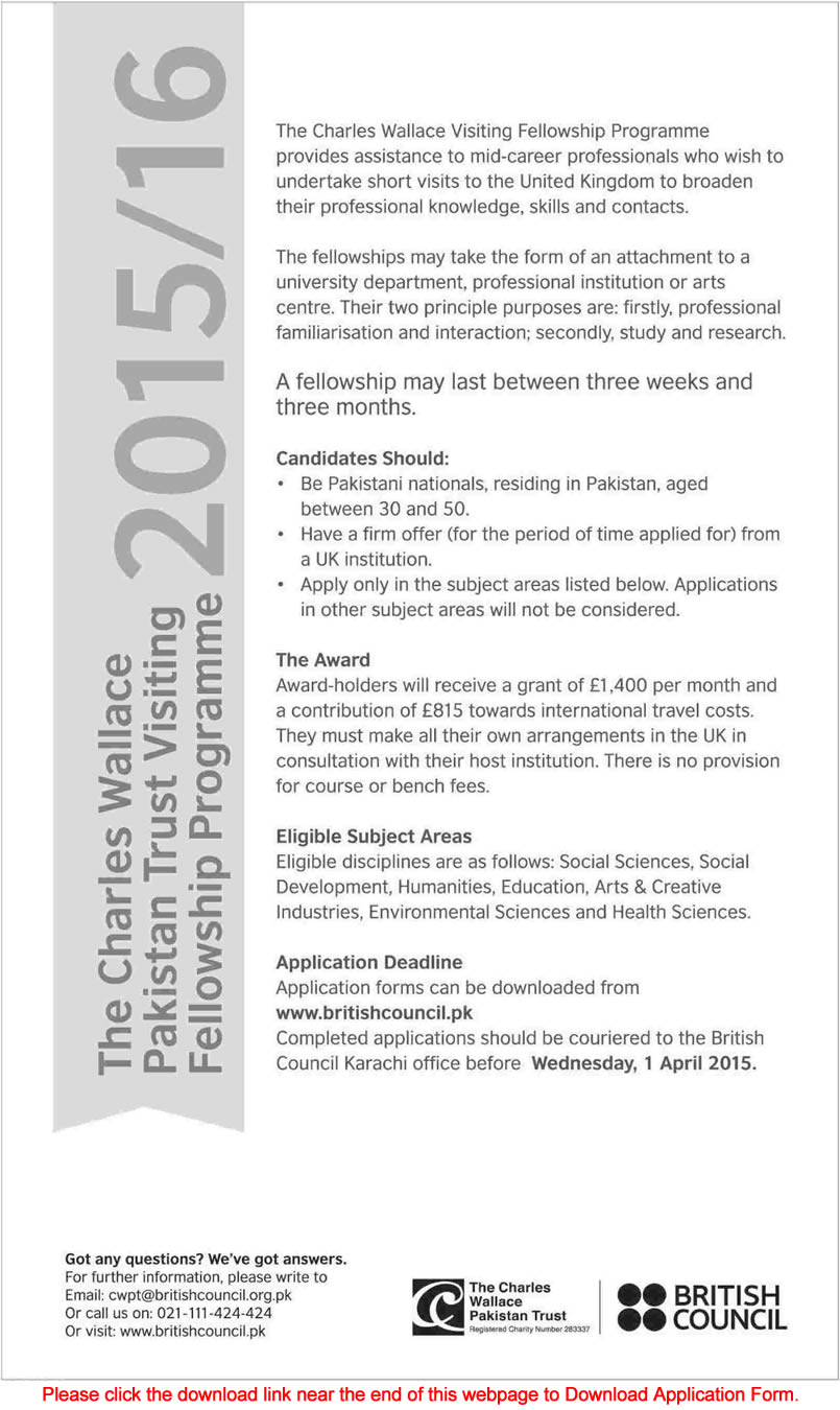 The Charles Wallace Pakistan Trust Visiting Fellowship Programme 2015 Application Form Latest