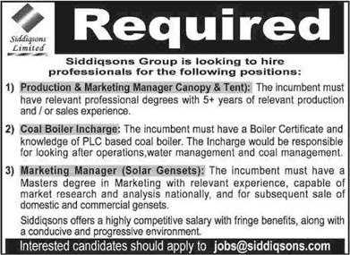 Production / Marketing Manager & Coal Boiler Jobs in Pakistan 2015 at Siddiqsons Limited / Group