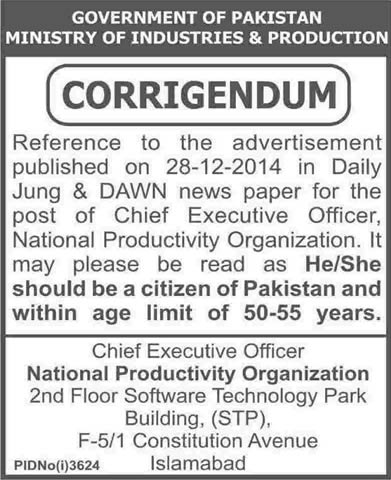 Corrigendum: CEO National Productivity Organization Jobs 2015 Ministry of Industries & Production