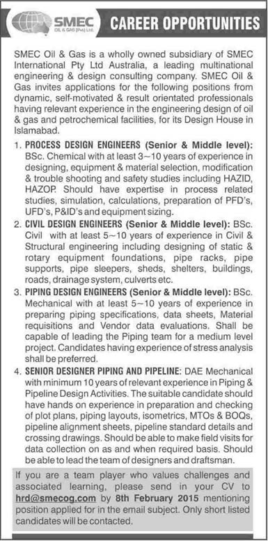 SMEC Oil and Gas Pakistan Jobs 2015 Chemical, Civil & Mechanical Engineers
