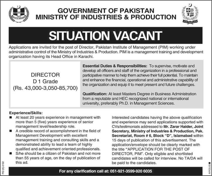 Director Jobs in Pakistan Institute of Management (PIM) Karachi 2015 Ministry of Industries & Production