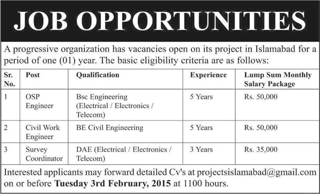 Electrical / Electronics / Telecom / Civil Engineering Jobs in Islamabad 2015 Latest