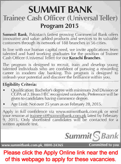 Summit Bank Karachi Jobs 2015 Trainee Cash Officer (Universal Teller) Apply Online
