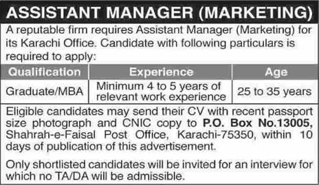Marketing Jobs in Karachi 2015 as Assistant Manager PO Box 13005 Shahrah-e-Faisal
