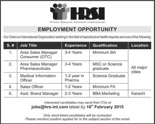 Pharmaceutical Sales and Marketing Jobs in Pakistan 2015 February through Human Resource Solutions International (HRSI)