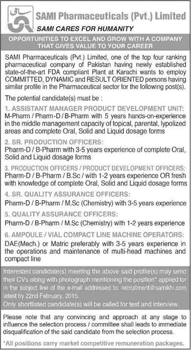 Sami Pharmaceuticals Pvt. Ltd Karachi Jobs 2015 February Pharmacists, Chemists & Mechanical Engineers