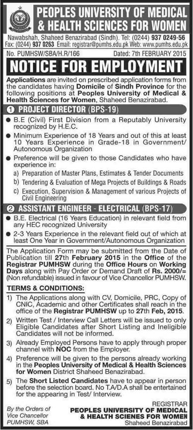 Project Director (Civil) & Assistant Engineer (Electrical) Jobs at PUMHSW,  Nawabshah, Shaheed Benazirabad 2015