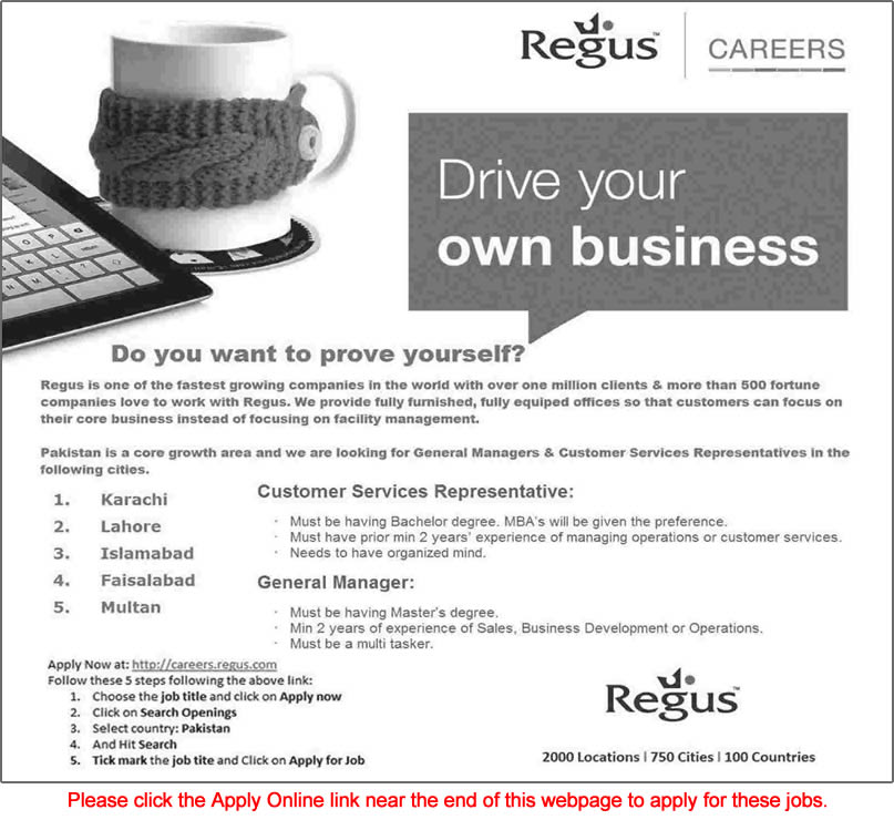 Regus Pakistan Jobs 2015 February Apply Online Customer Service Representative & General Manager