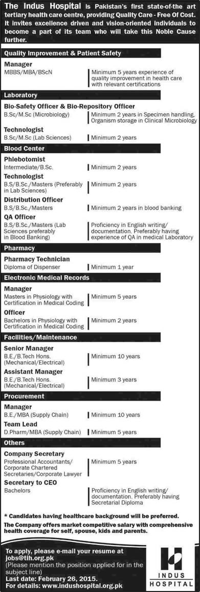 Indus Hospital Karachi Jobs 2015 February Latest Advertisement