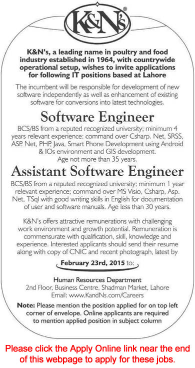 Software Engineer Jobs in K&Ns Lahore 2015 February K and N Apply Online Latest