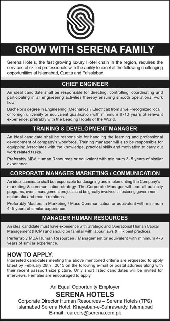 Serena Hotel Islamabad / Faisalabad / Quetta Jobs 2015 February HR / Marketing Managers & Engineer