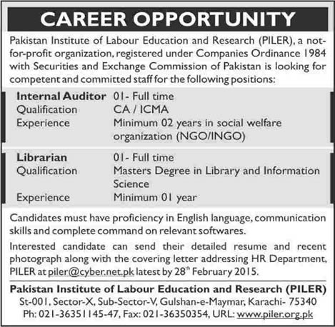 Librarian & Internal Auditor Jobs in Karachi 2015 February Pakistan Institute of Labour Education & Research