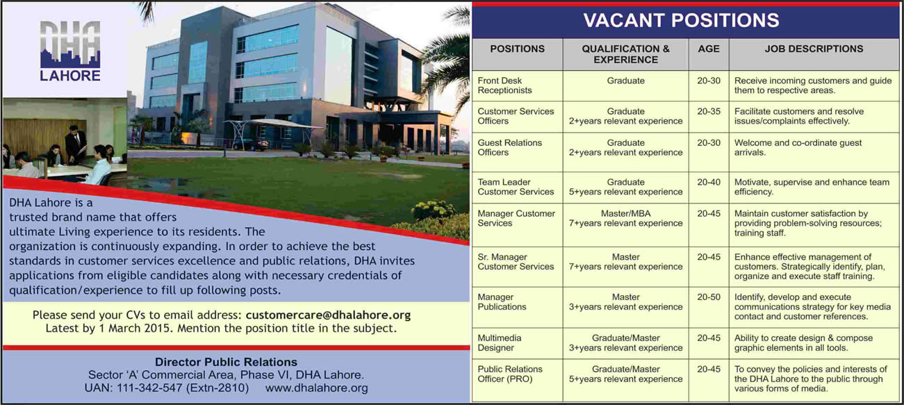 DHA Lahore Jobs 2015 February Front Receptionist, Customer Service & Other Staff