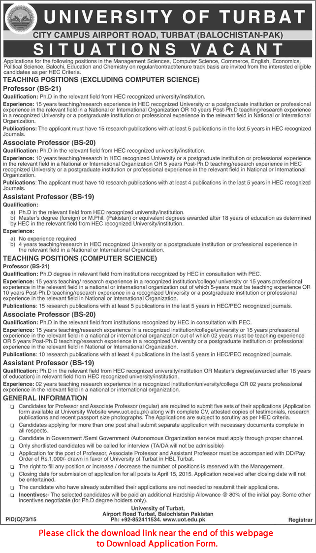 University of Turbat Balochistan Jobs 2015 February / March Application Form Download Teaching Faculty