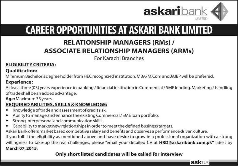 Askari Bank Jobs in Karachi 2015 March for Associate / Relationship Managers (ARM/RM) Latest