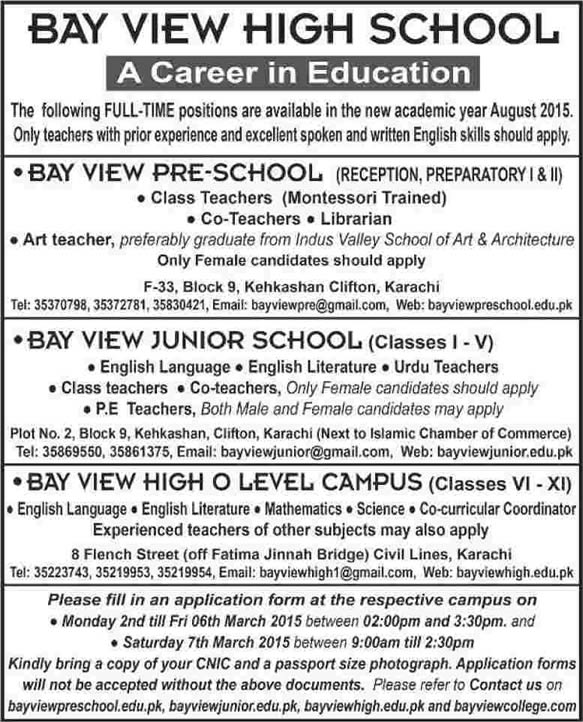 Bay View High / Junior / Pre School Karachi Jobs 2015 March for Teaching Faculty & Librarian Latest