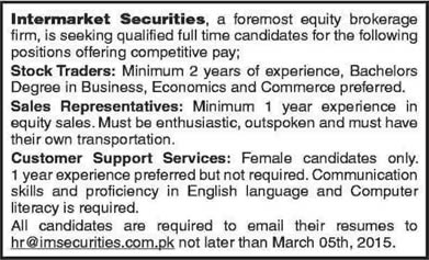 Sales Representative, Customer Services Officer & Stock Trader Jobs in Karachi 2015 March Intermarket Securities