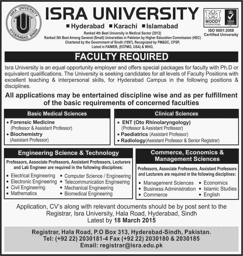 ISRA University Hyderabad Jobs 2015 March for Teaching Faculty Latest