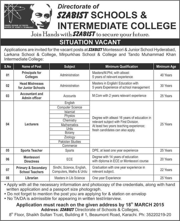 SZABIST School and Colleges Jobs 2015 March Teaching Faculty & Admin Staff Latest