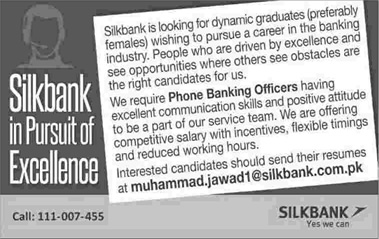 Silk Bank Jobs 2015 March Pakistan Phone Banking Officers for Call Centers Latest