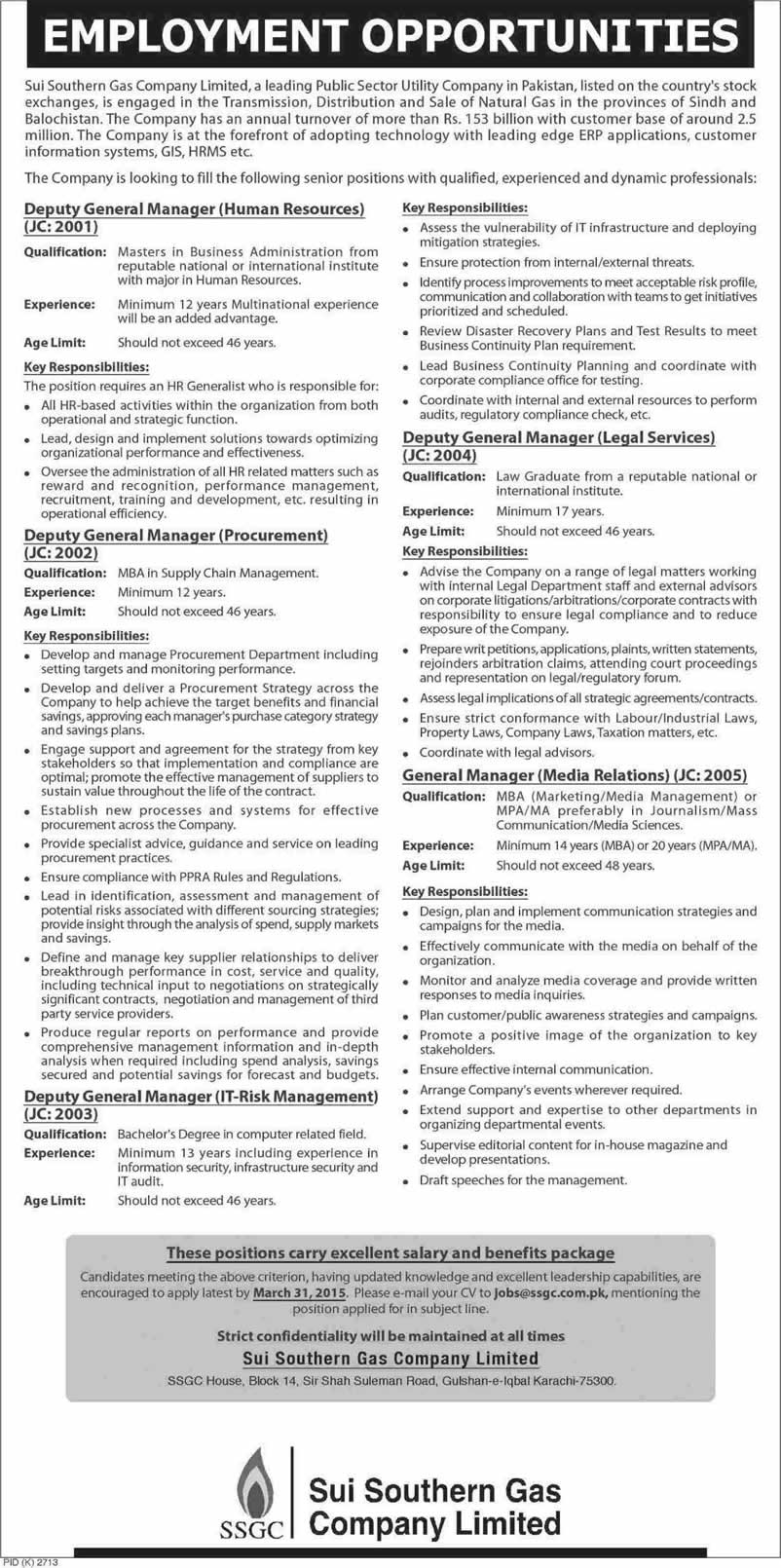 Sui Southern Gas Company Limited Karachi Jobs 2015 March Deputy / General Managers Latest