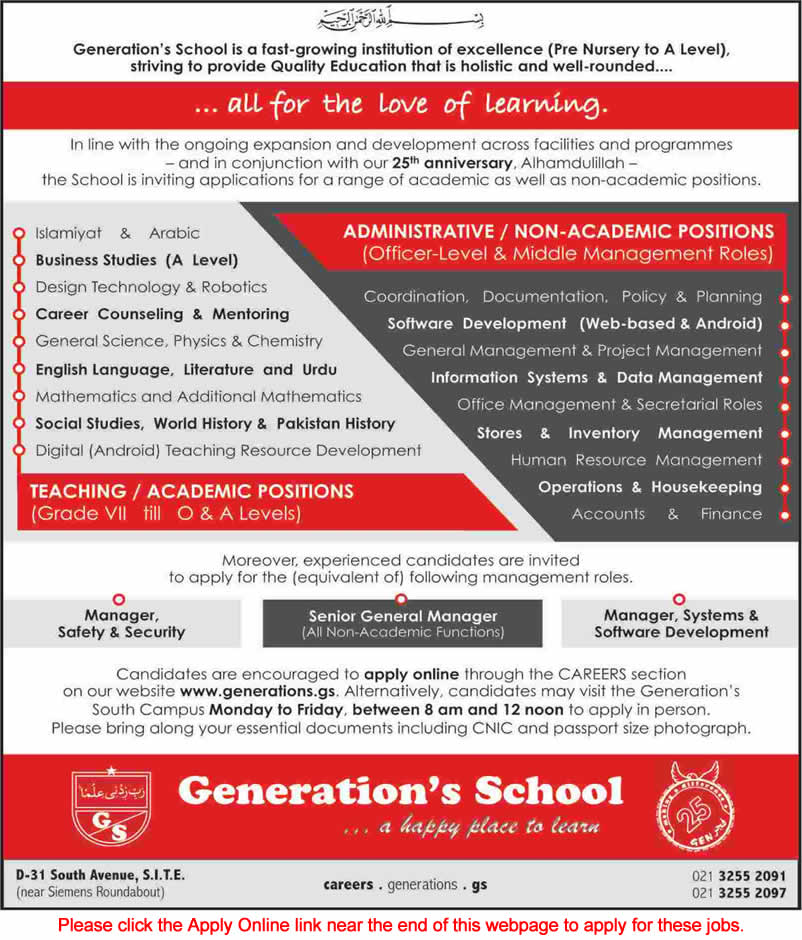 Generation School Karachi Jobs 2015 March Teaching Faculty & Admin Staff Apply Online