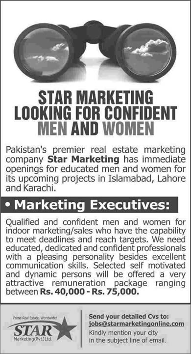 Star Marketing Jobs in Lahore / Islamabad / Karachi 2015 March Marketing Executives Latest