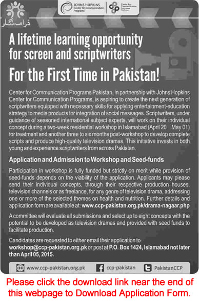 Center for Communication Programs Pakistan Workshop 2015 Application Form Screen & Scriptwriters
