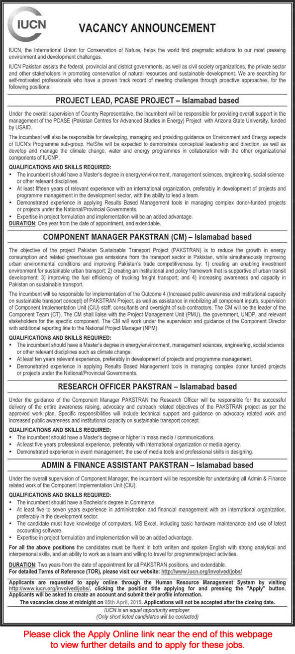 IUCN Pakistan Jobs 2015 March / April International Union for Conservation of Nature Islamabad Apply Online
