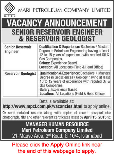 Mari Petroleum Company Limited Islamabad Jobs 2015 March / April Apply Online Reservoir Engineer / Geologist