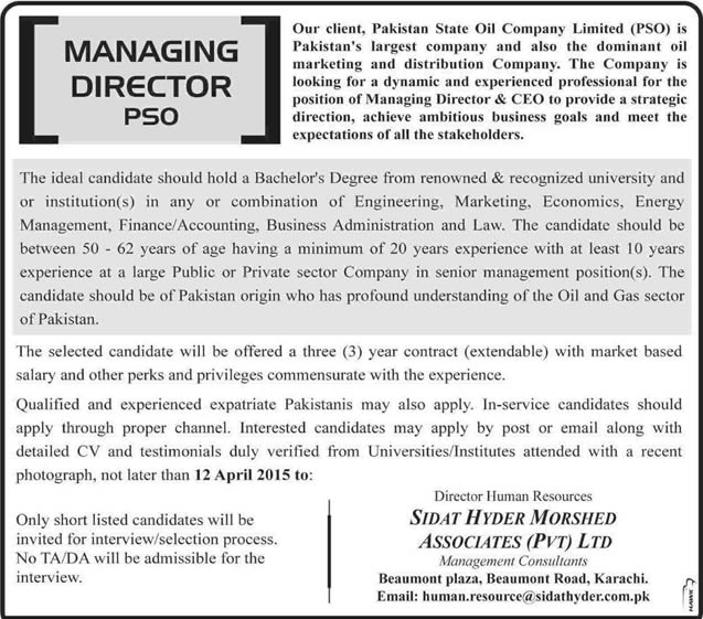 Managing Director / CEO Pakistan State Oil Jobs 2015 April PSO Karachi Latest