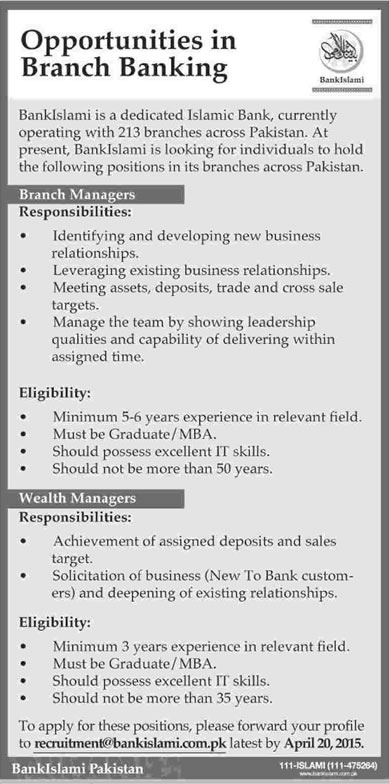 Bank Islami Jobs 2015 April Branch Managers & Wealth Managers Latest Advertisement