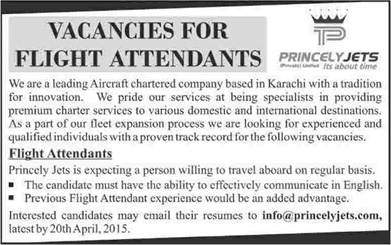 Flight Attendant Jobs in Karachi 2015 April Princely Jets (Pvt.) Ltd Latest / New