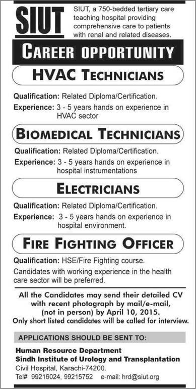 SIUT Karachi Jobs 2015 April Biomedical / HVAC Technicians, Electricians & Fire Fighter Latest