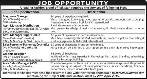 Marketing / Supply Chain / Graphic Designer & Sales Staff Jobs in Pakistan 2015 April for a Fashion Brand