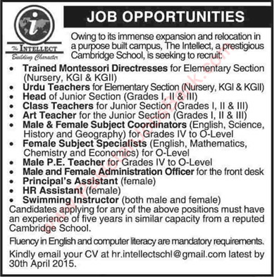 Intellect School Karachi Jobs 2015 April for Teaching Faculty, Admin Officer, Assistants & Others