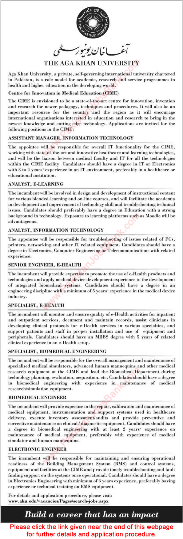 Aga Khan University Karachi Jobs 2015 April for Biomedical / Electronics Engineers & Others