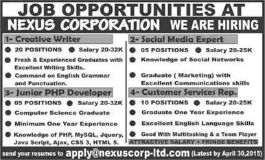 Nexus Corporation Karachi Jobs 2015 April Creative Writers, PHP Developers, CSR & Social Media Experts