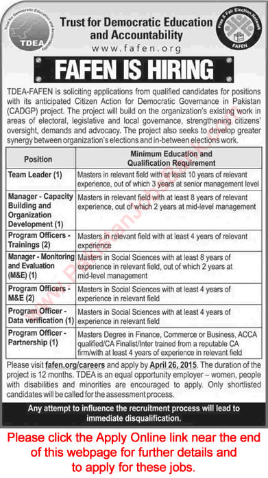 Trust for Democratic Education and Accountability Islamabad Jobs 2015 April Apply Online TDEA Latest