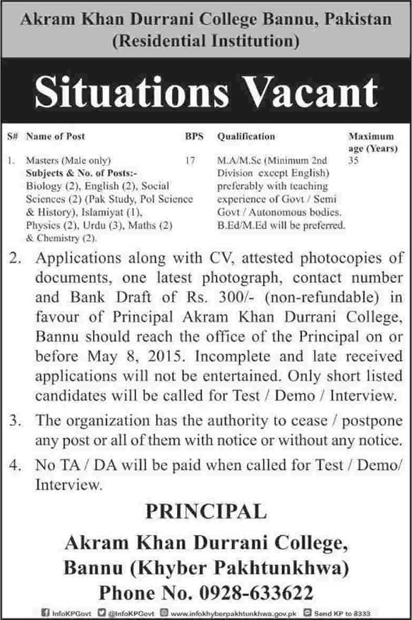 Akram Khan Durrani College Bannu KPK Jobs 2015 April for Teaching Faculty / Lecturers Latest
