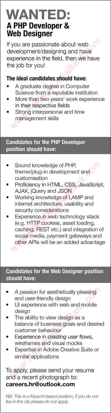 PHP Developer & Web Designer Jobs in Karachi 2015 April Latest Advertisement