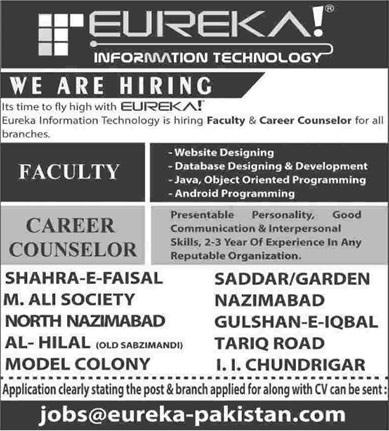 Eureka Information Technology Karachi Jobs 2015 April Teaching Faculty & Career Counselor