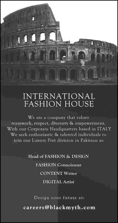 Fashion Designers, Content Writer & Digital Artist Jobs in Pakistan 2015 April Fashion House Black Myth
